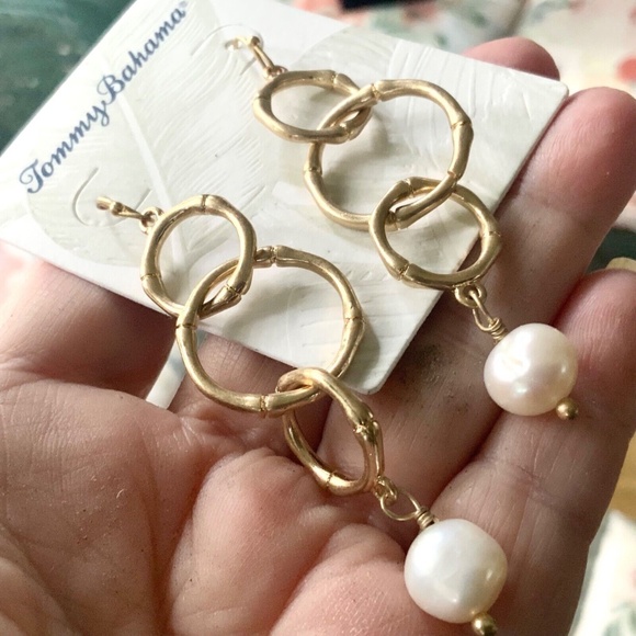 TOMMY BAHAMA EARRINGS NWT Gold BAMBOO LOOP⭐️GENUINE FRESHWATER PEARLS - PIERCED - Picture 6 of 10